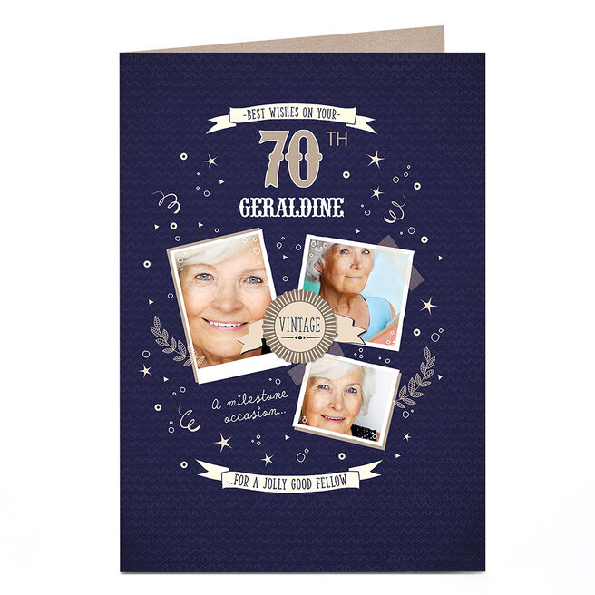 Photo Birthday Card - Vintage Blue & Gold, Editable Age