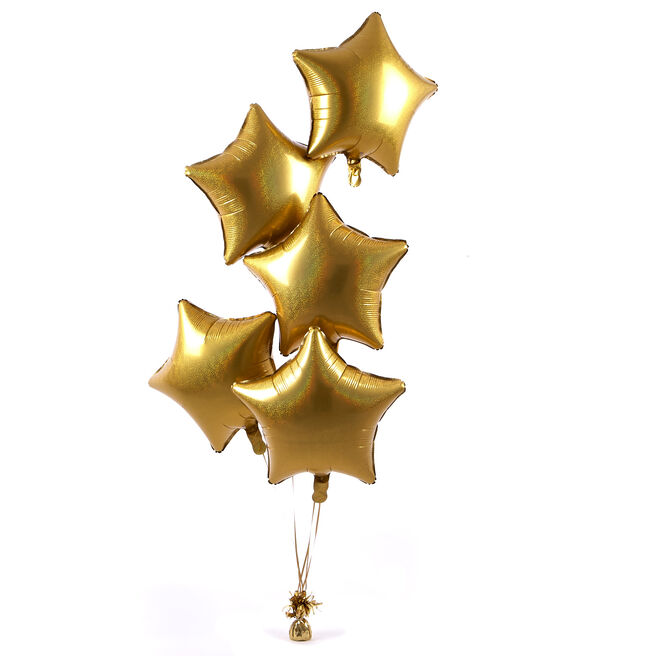 5 Gold Stars Stars Balloon Bouquet - DELIVERED INFLATED!