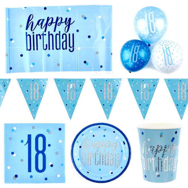 Blue 18th Birthday Party Tableware & Decorations Bundle - 16 Guests