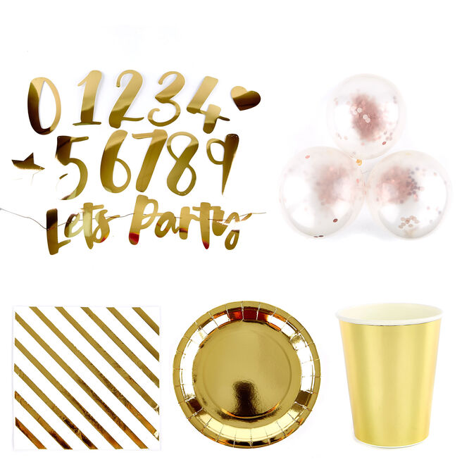 Gold Party Tableware & Decorations Bundle - 16 Guests