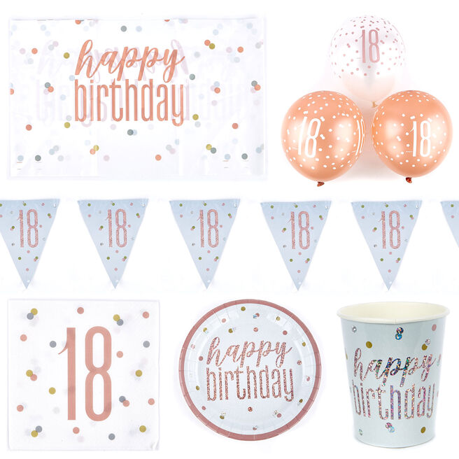 Rose Gold 18th Birthday Tableware & Decoration Bundle - 78 pieces