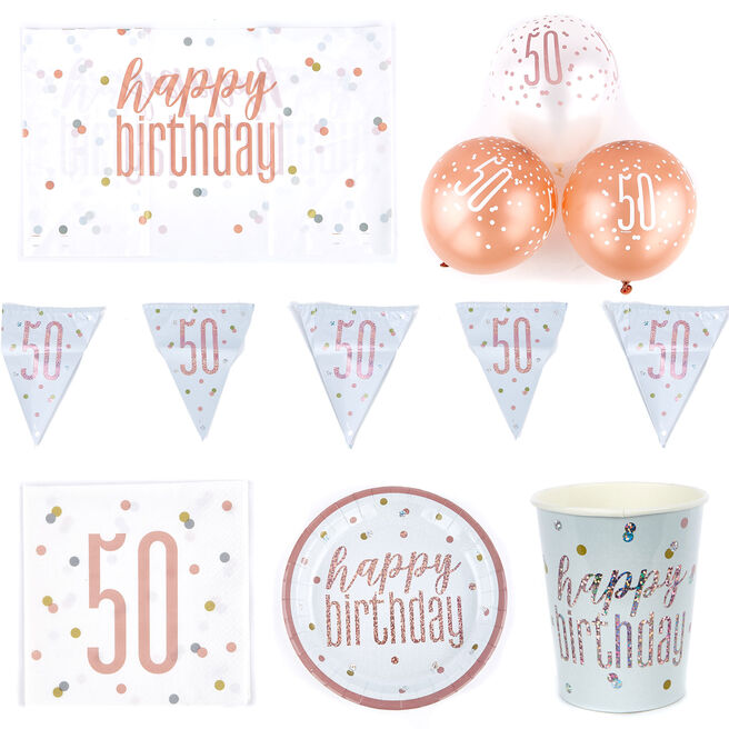 Rose Gold 50th Birthday Tableware & Decoration Bundle - 78 pieces