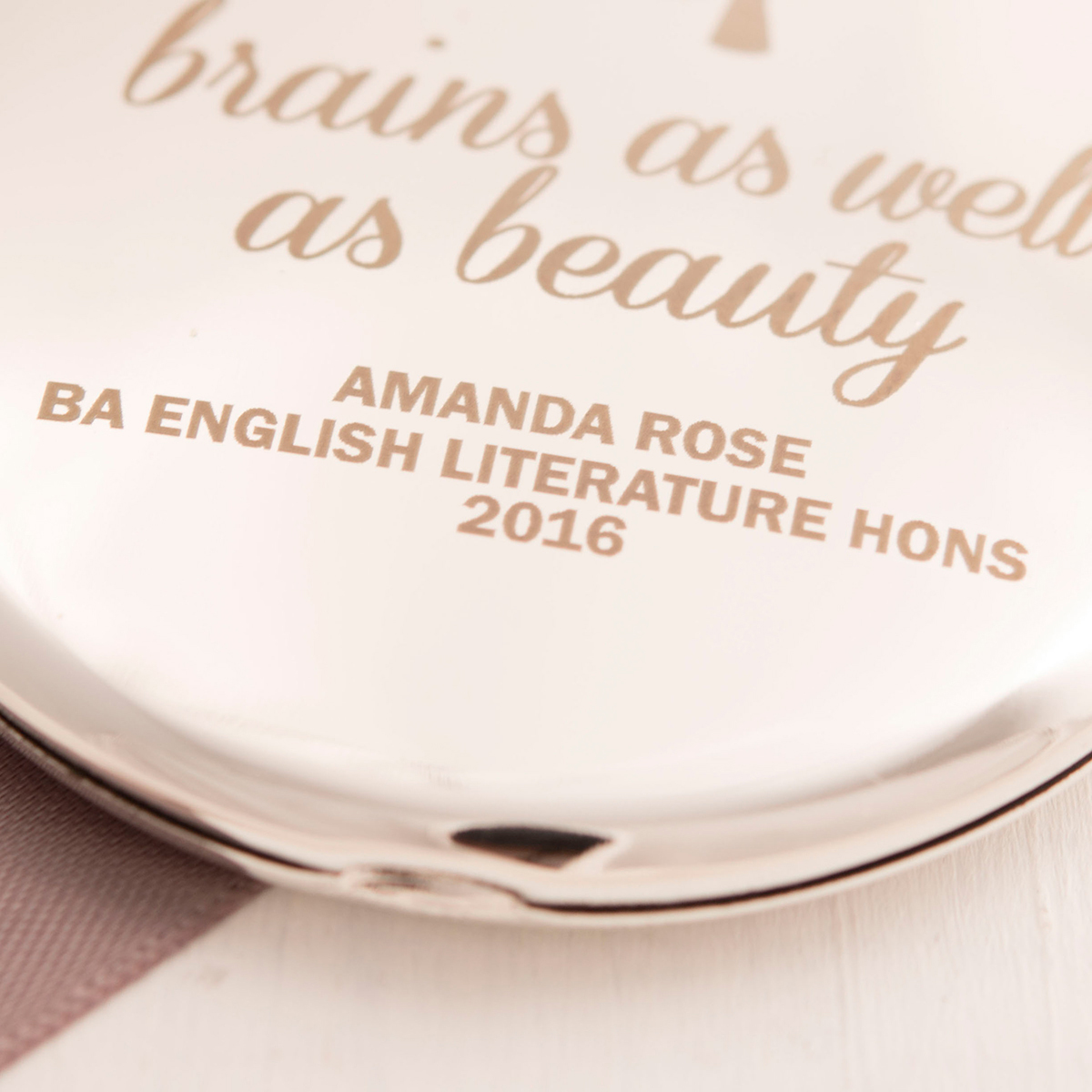 Personalised Engraved Silver Round Compact Mirror - Brains & Beauty