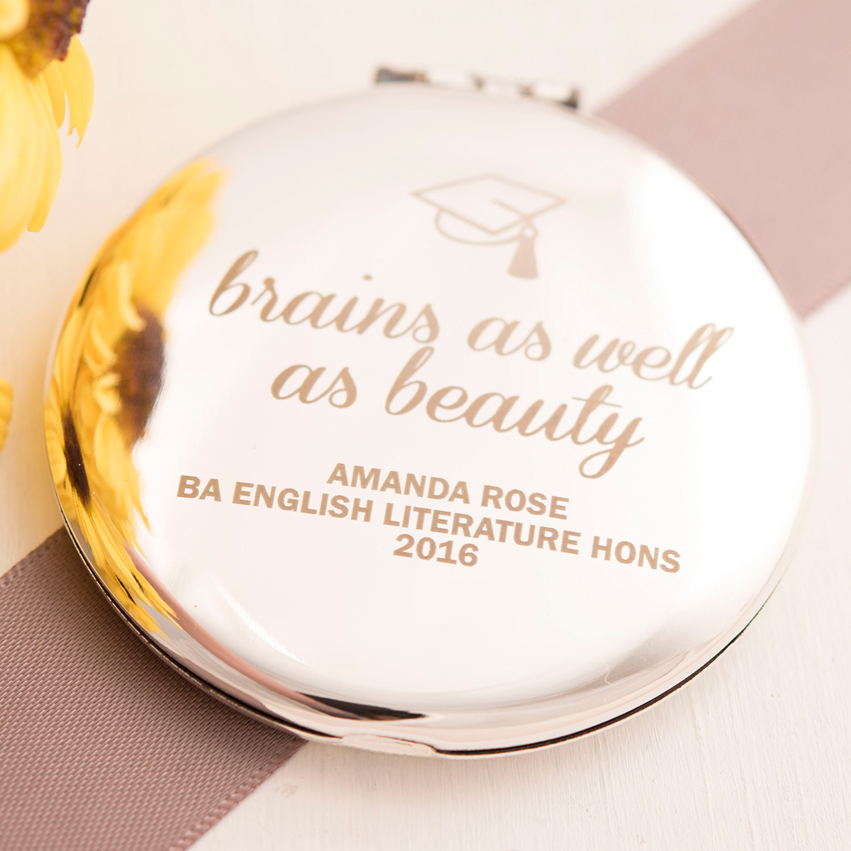 Personalised Engraved Silver Round Compact Mirror - Brains & Beauty