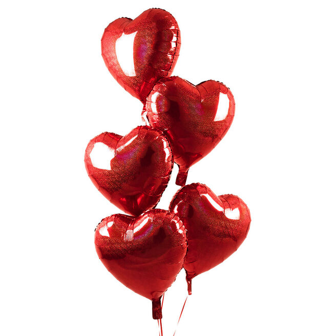 5 Red Hearts Balloon Bouquet - DELIVERED INFLATED!