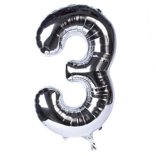 Silver Number 3 Giant Foil Helium Balloon INFLATED 