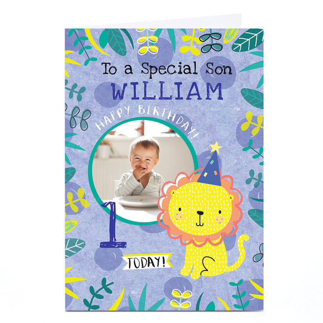 Photo Juniper & Rose Birthday Card - Blue Lion, Editable Age