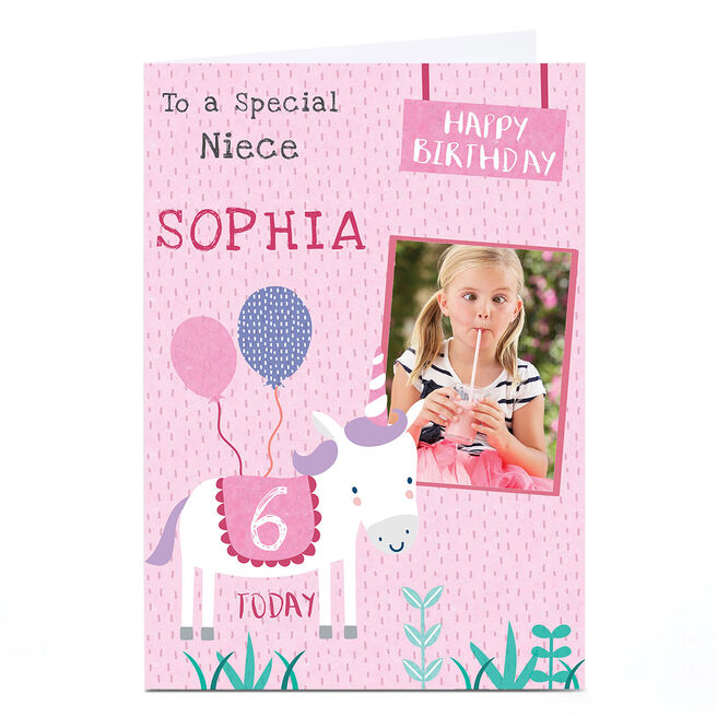 Photo Juniper & Rose Birthday Card - Unicorn, Editable Age