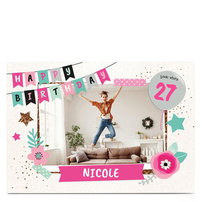 Photo Birthday Card -  Flowers & Bunting, Editable Age