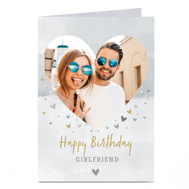 Photo Birthday Card - Girlfriend Watercolour Hearts