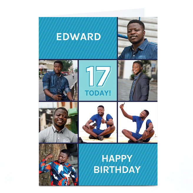 Photo Birthday Card - Blue Squares, Editable Age