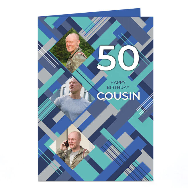 Photo Birthday Card - Geometric Blue, Cousin, Editable Age