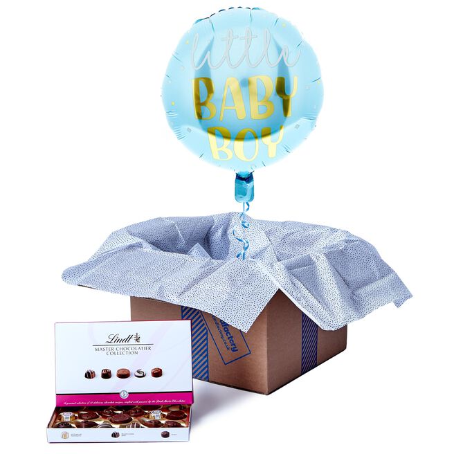 Hello Baby Boy Balloon & Lindt Chocolate Box - FREE GIFT CARD!