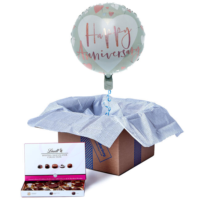 Happy Anniversary Balloon & Lindt Chocolate Box - FREE GIFT CARD!