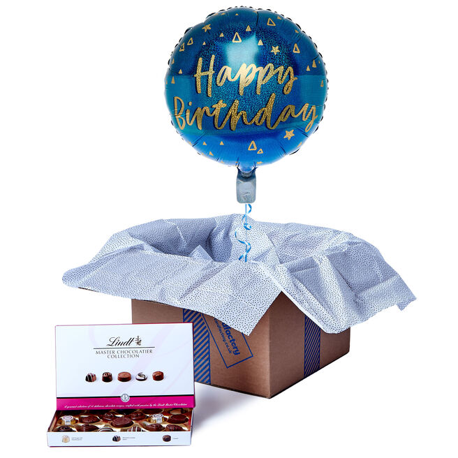 Blue & Gold Happy Birthday Balloon & Lindt Chocolate Box - FREE GIFT CARD!