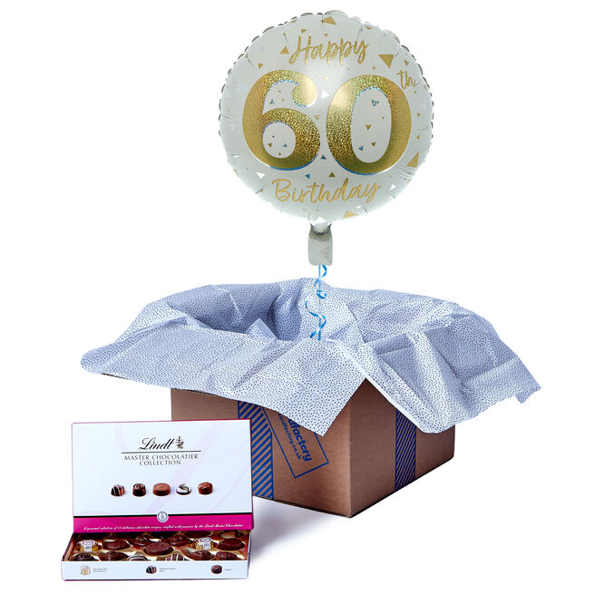 Happy 60th Birthday Balloon & Lindt Chocolate Box - FREE GIFT CARD!