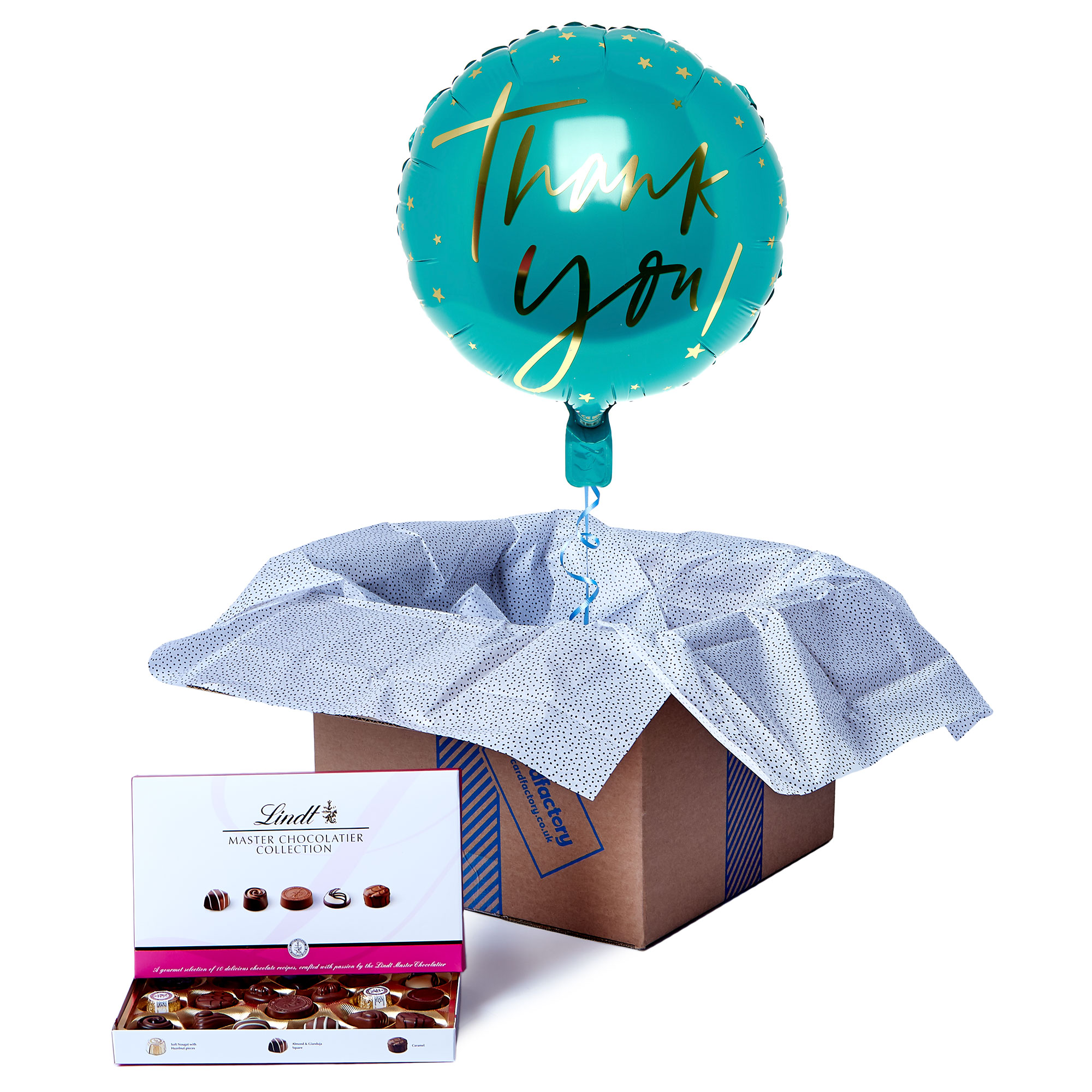 Blue & Gold Thank You Balloon & Lindt Chocolate Box - FREE GIFT CARD!