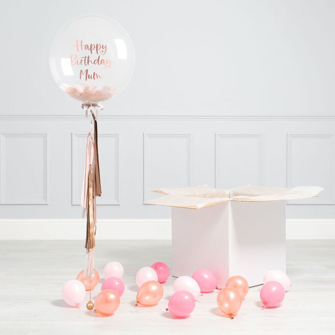 Personalised Rose Gold Confetti Tassel Bubblegum Balloon & Minis - DELIVERED INFLATED!