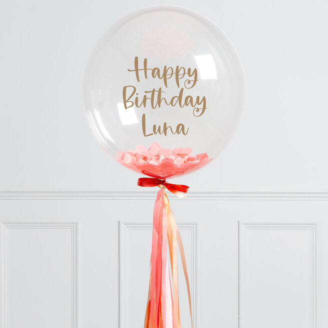 Personalised 20-Inch Peach Confetti Tassel Bubblegum Balloon - DELIVERED INFLATED!