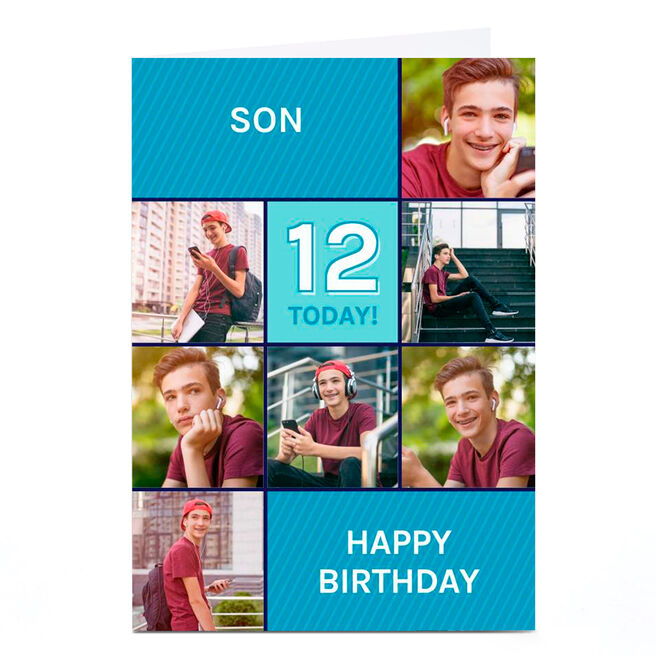 Photo Birthday Card - Blue Squares Son, Any Age